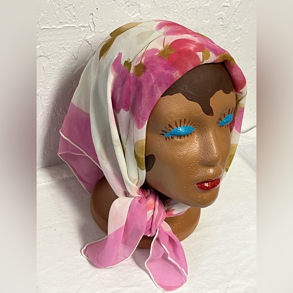 Vintage Sheer Floral Pink Lilac Nylon Scarf